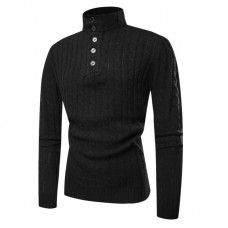 Mens Casual Breathable Buttons High Collar Solid Color Long Sleeve Sweaters