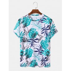 Mens All Over Plants Leaf Print Holiday Short Sleeve T  Shirts