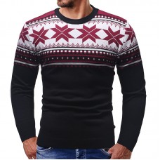 Men’s Christmas Snowflake Printing Patchwork Long Sleeve Crew Neck Casual Sweaters