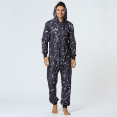 Men Casual Graffiti Print Black Jumpsuit Loungewear Loose Home Casual Hooded Pajamas