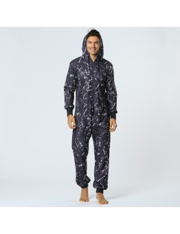 Men Casual Graffiti Print Black Jumpsuit Loungewear Loose Home Casual Hooded Pajamas