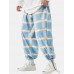 Mens Plaid Relaxed Fit Drawstring Cuff Pants With Pocket