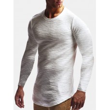 Mens Jacquard Slim Fit Solid Color Cotton Round Neck Casual Long Sleeve T  Shirt